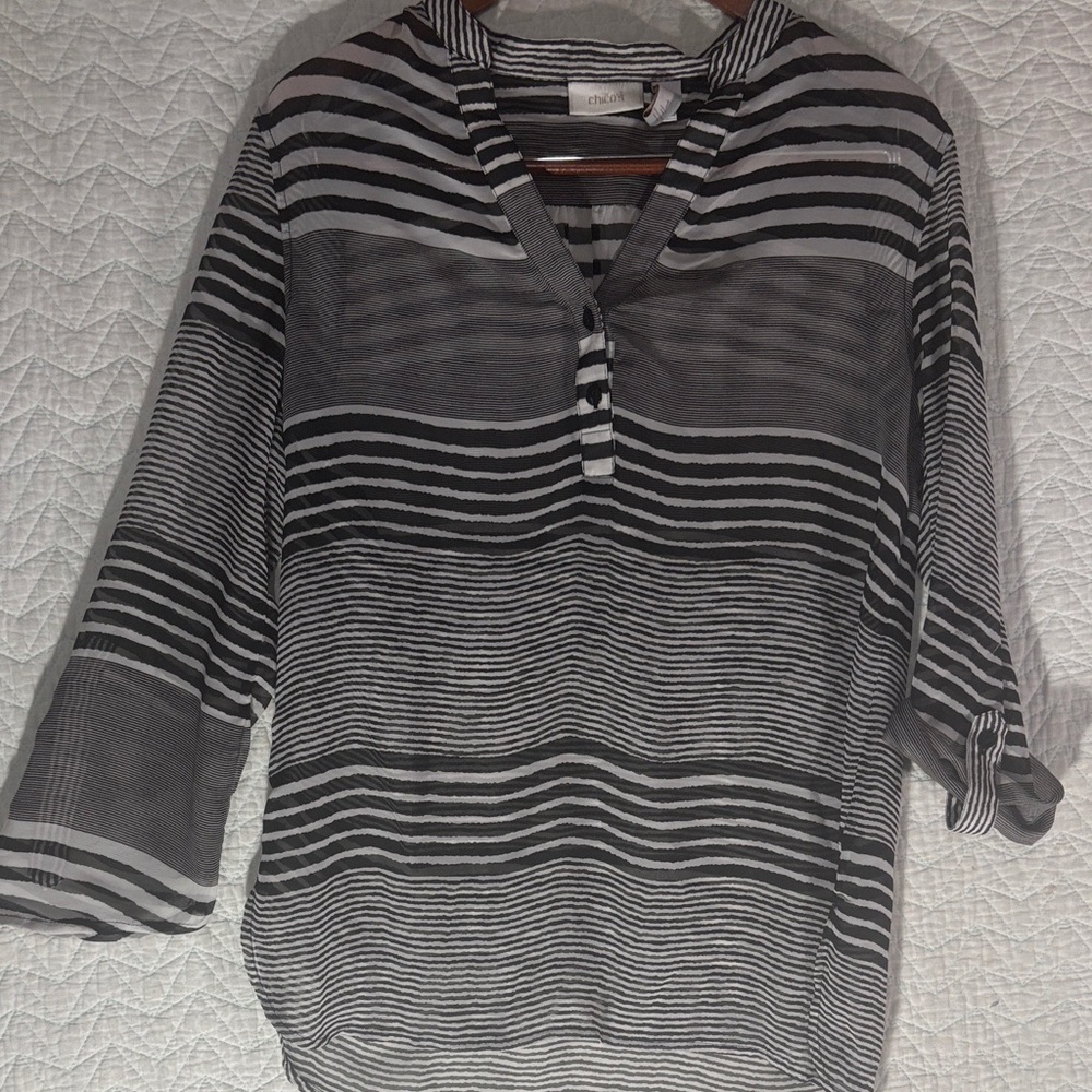 Chico's Black & White Striped Sheer V-Neck Tunic